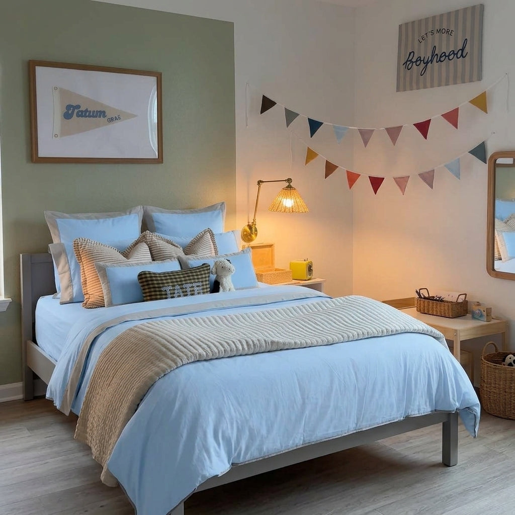 Juego de Sábanas Brodure con cenefa color Baby Blue SOFT NATURE