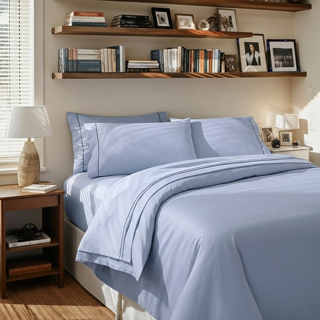 Sábanas Floréa Baby Blue sobre cama SOFT NATURE